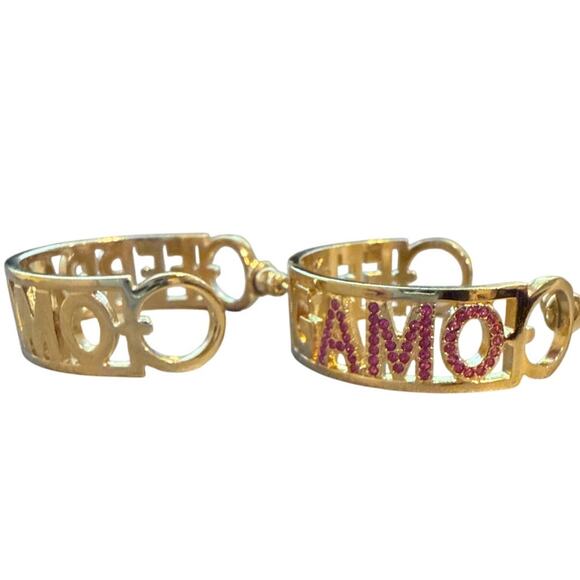 Ferragamo Logo Hoop Earrings w Pink Rhinestones - Picture 4 of 4